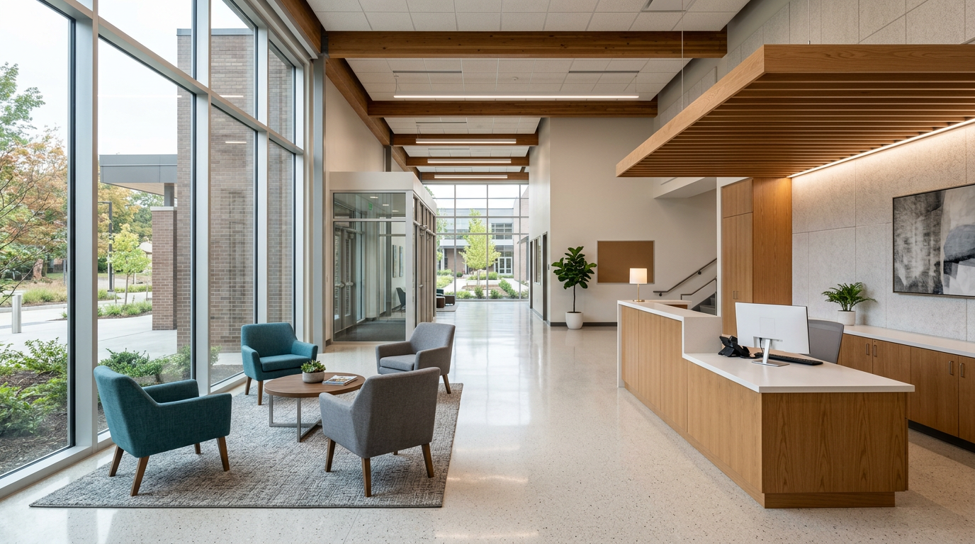 Recepción de oficina moderna con luz natural