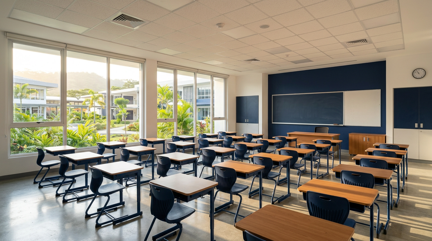 Salón de clases luminoso con mobiliario escolar