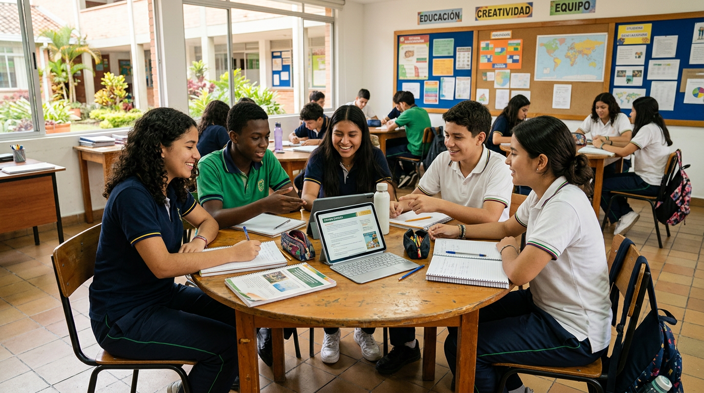 Estudiantes colaborando en actividad escolar